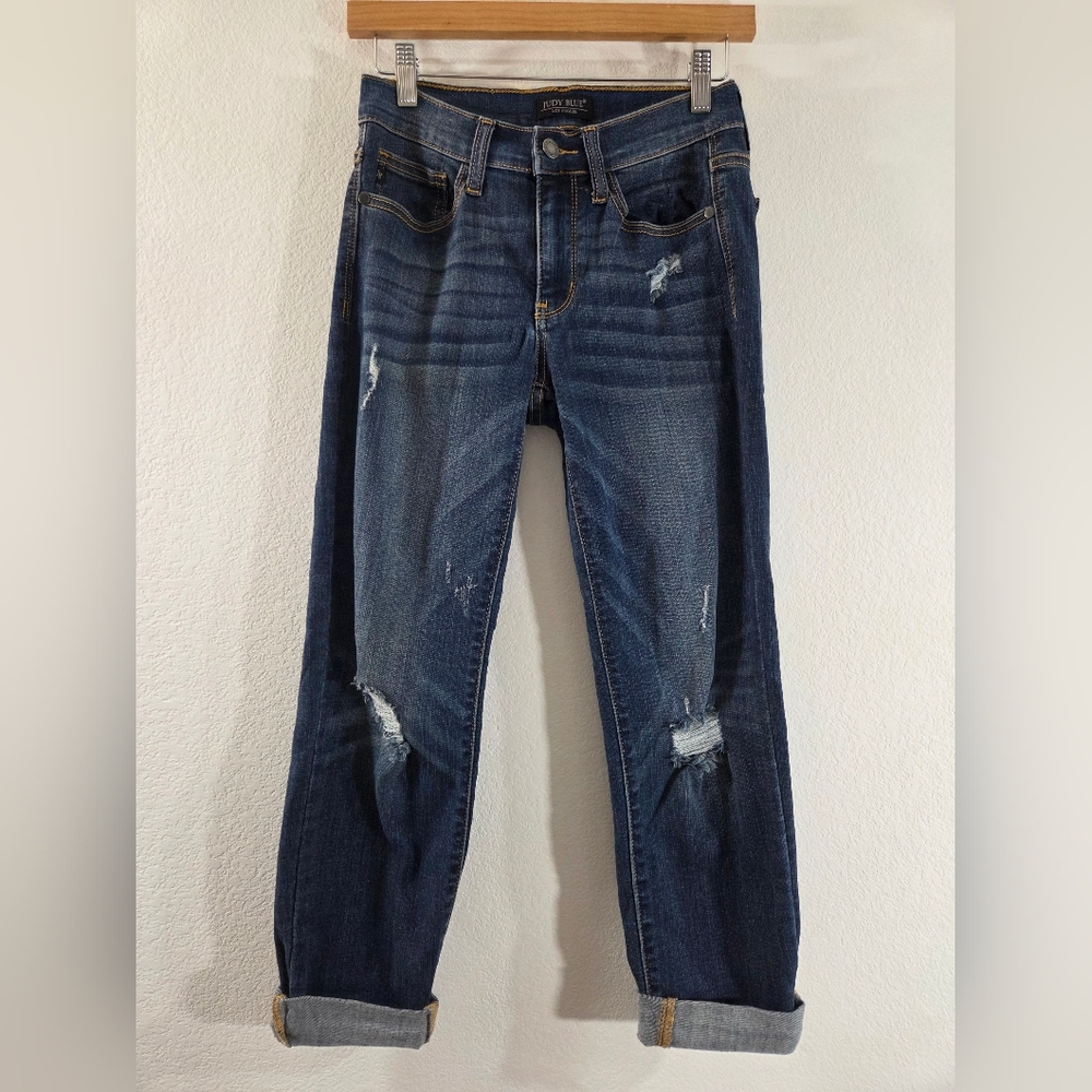 JUDY BLUE Relaxed Fit Distressed Stretch Denim Tapered Leg Casual Jeans JB8289DK